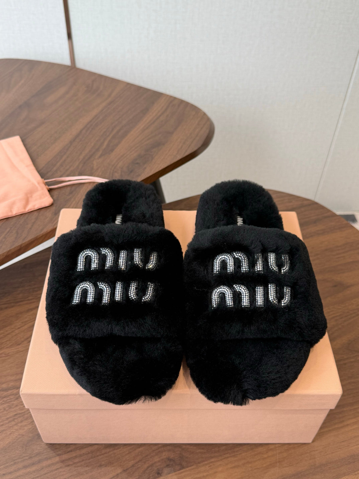 Miumiu 26s Crystal Logo Slides Black Shearling