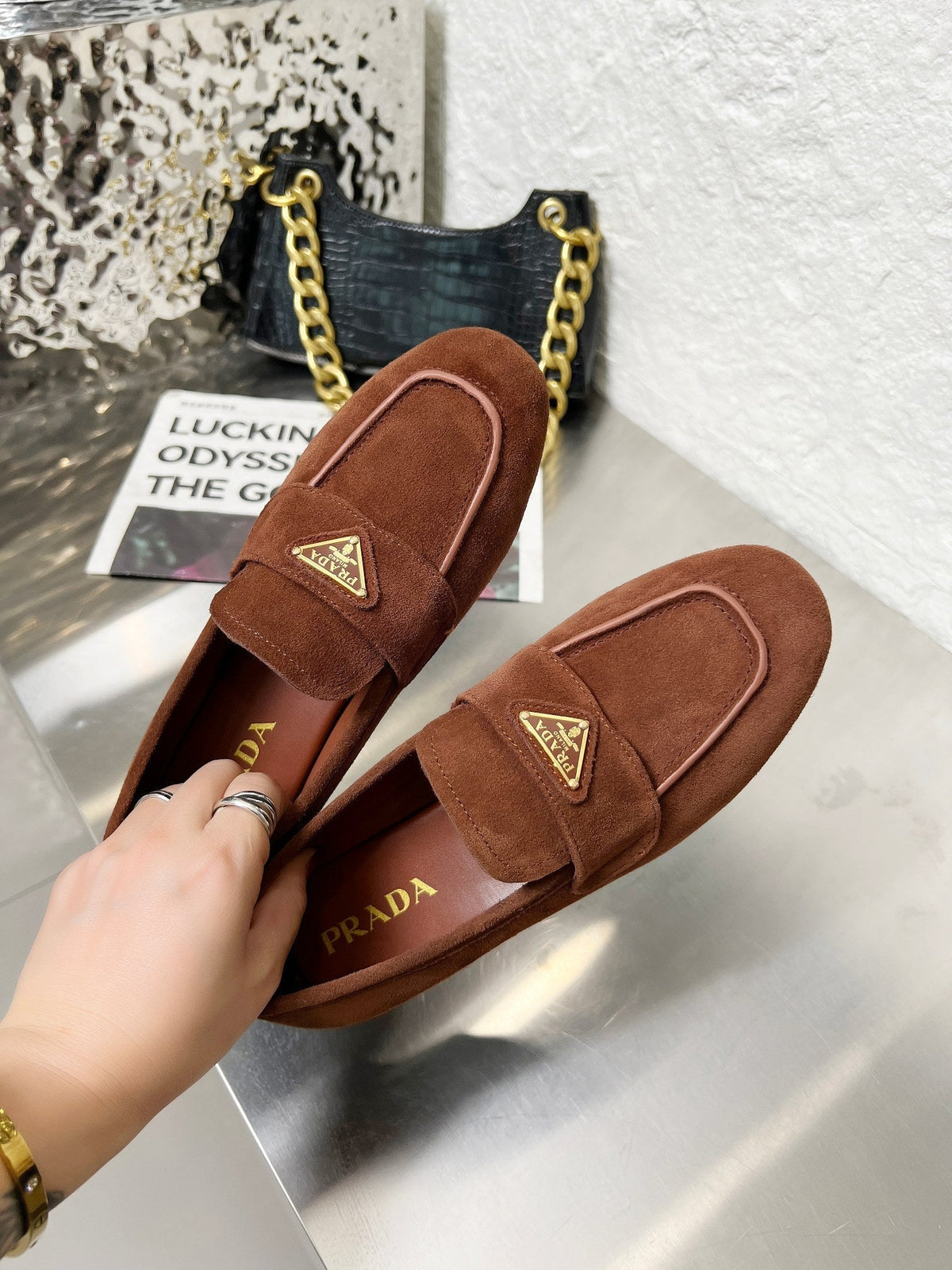 Prada 26S Classic Loafers Chocolate Brown Logo Suede