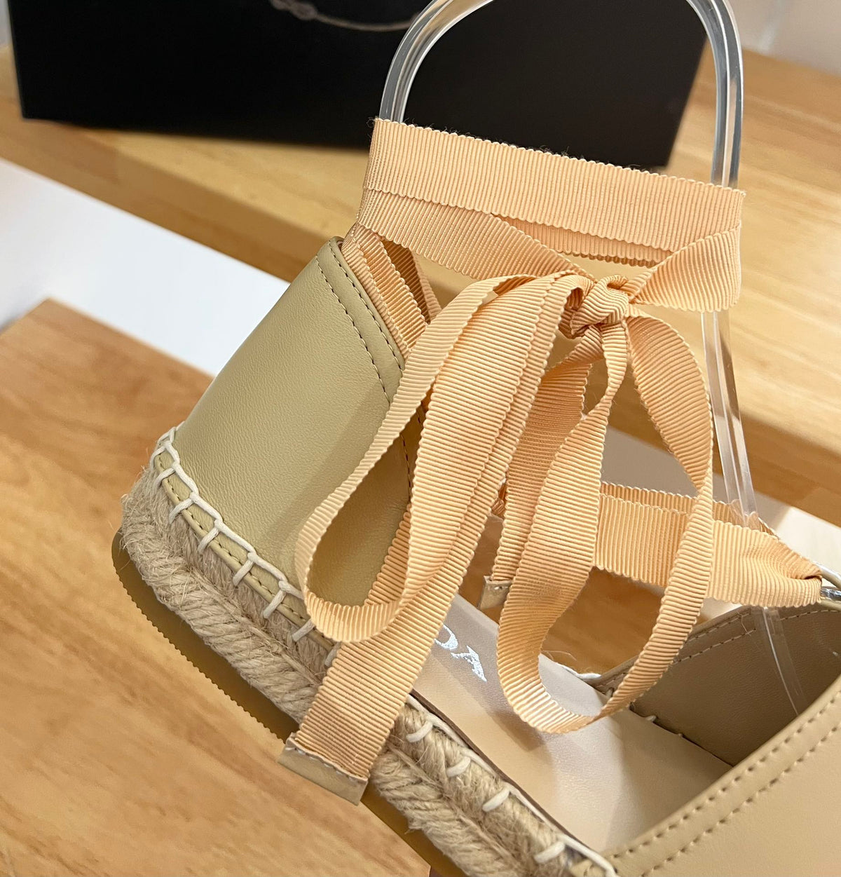 Prada 26s Lace Up Espadrille Flats Beige Calfskin