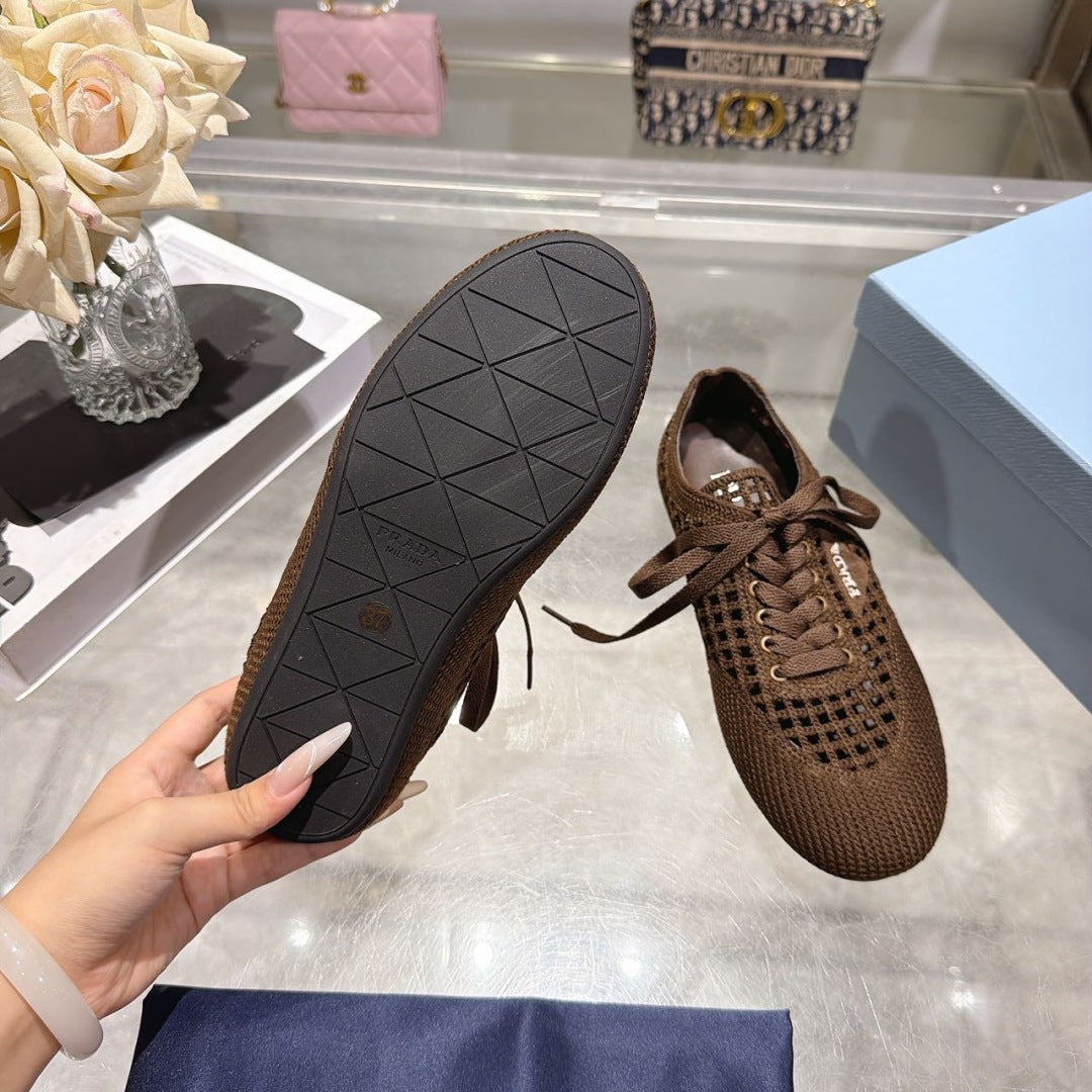 Prada 26s Lace Up Openwork Knit Sneakers Dark Brown Knit Fabric