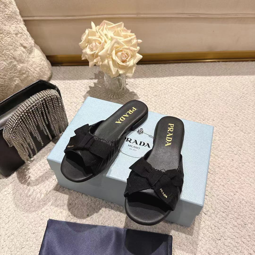 Prada 26s Ruched Bow Slide Sandals Black Calfskin