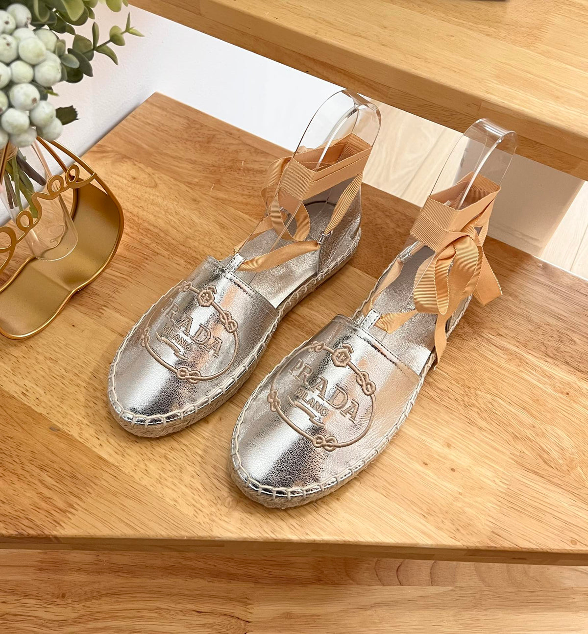 Prada 26s Lace Up Espadrille Flats Silver Calfskin
