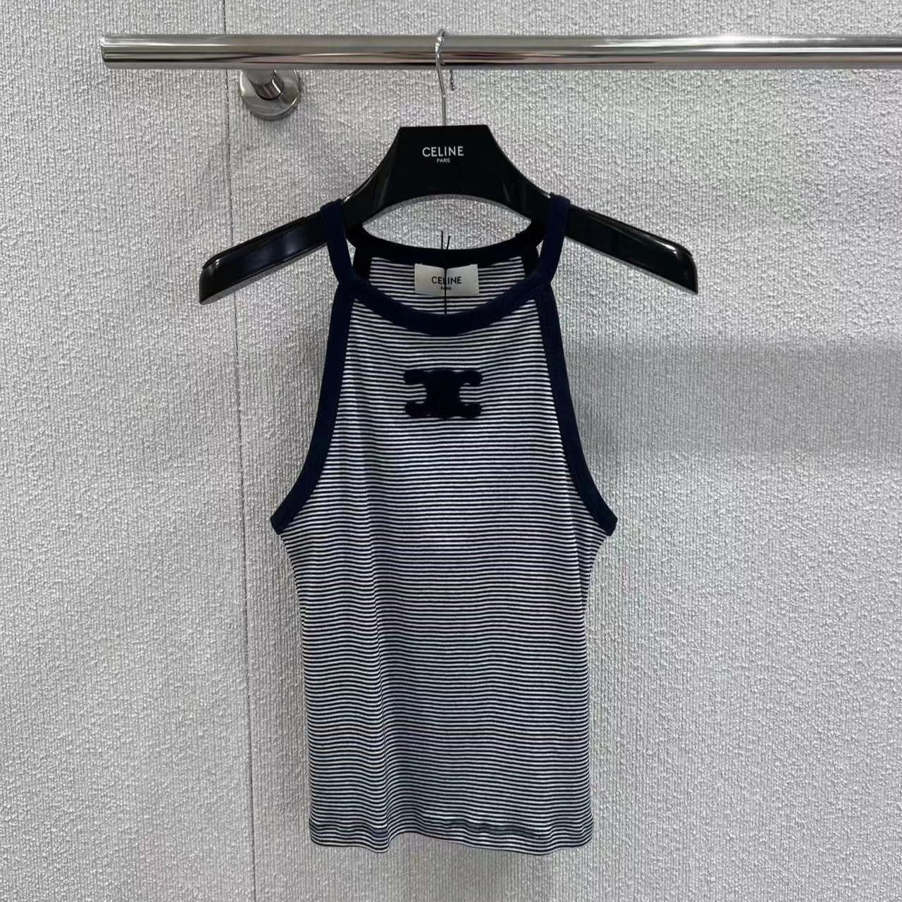 Triomphe Tank Top In Striped Jersey White Mix Navy Cotton