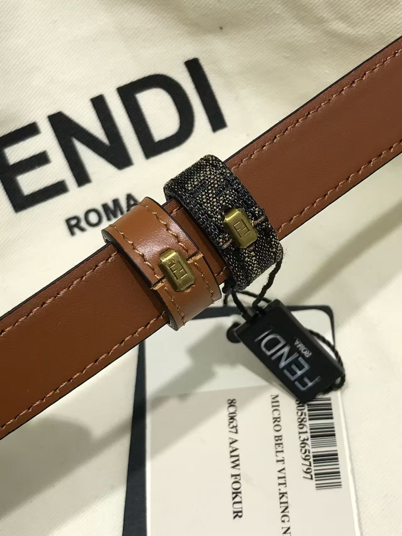 FF Belt 2mm Monogram Canvas Beige Calfskin Gold Hardware