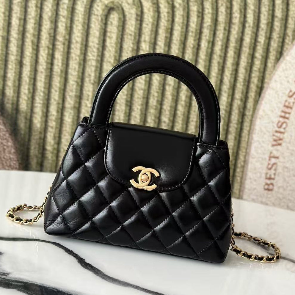 cc 24a nano 19cm kelly shopper bag black lambskin light gold hardware