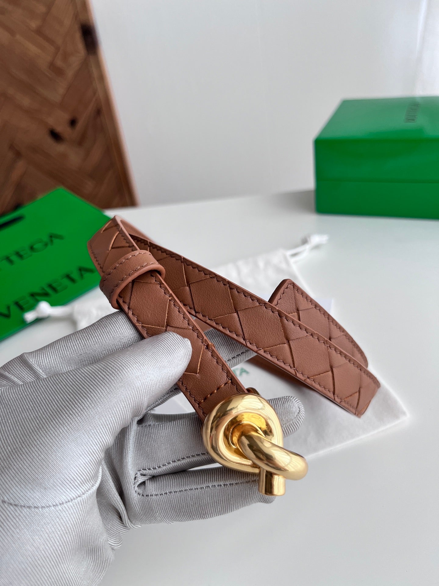 BV 26S Intreccio Andiamo Knot Buckle Belt 3cm Camel Gold Calfskin 192587