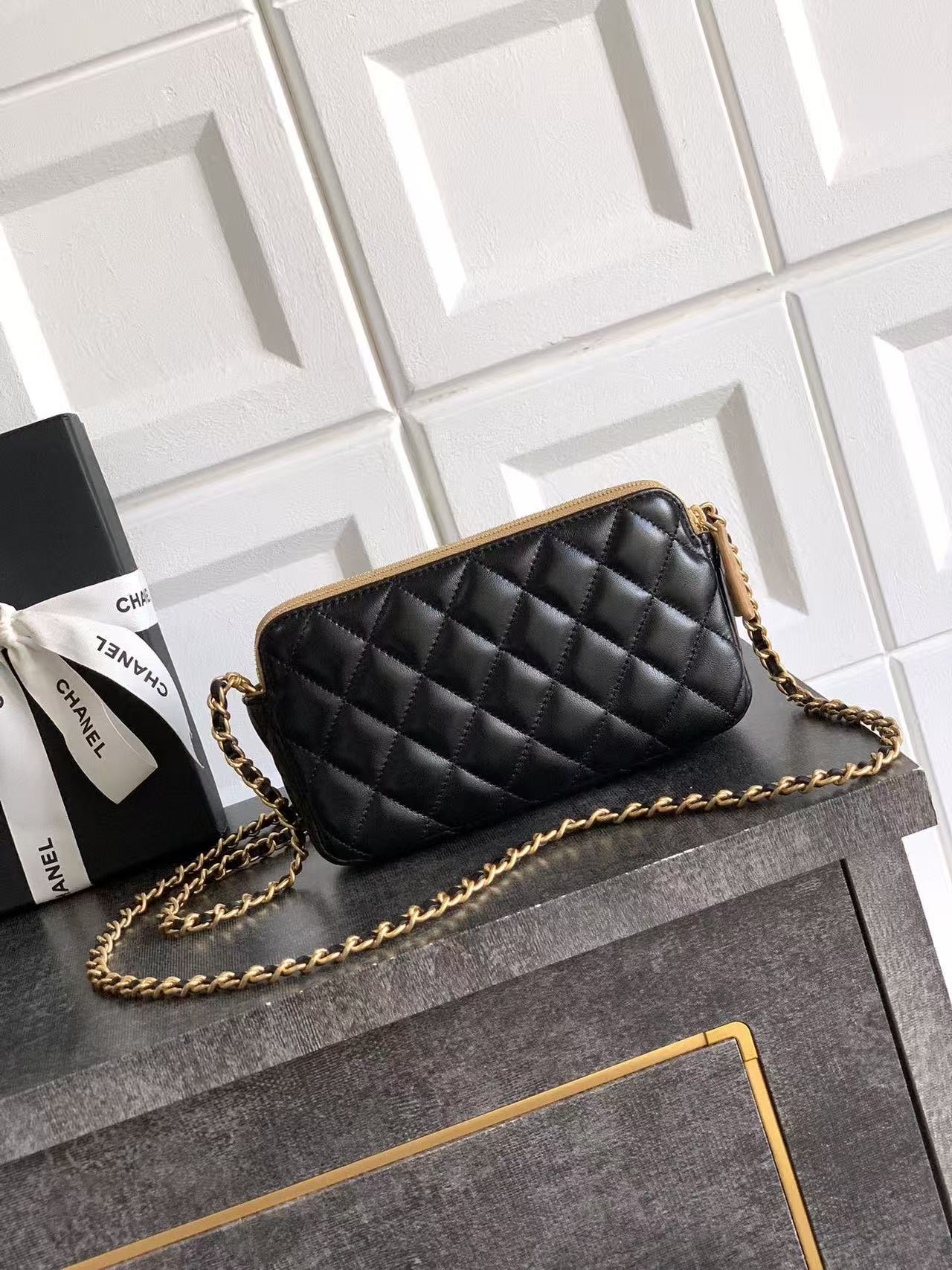 CC 25A Touch Phone Holder Bag 17.5cm with Chain Black Brown Lamskin