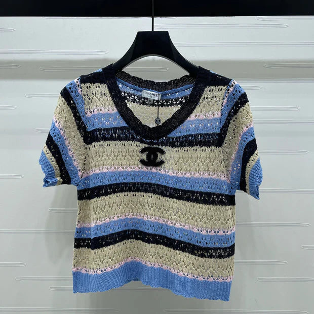 Chanel 2026 Hollow Out Knit Top Blue Beige Black Cotton