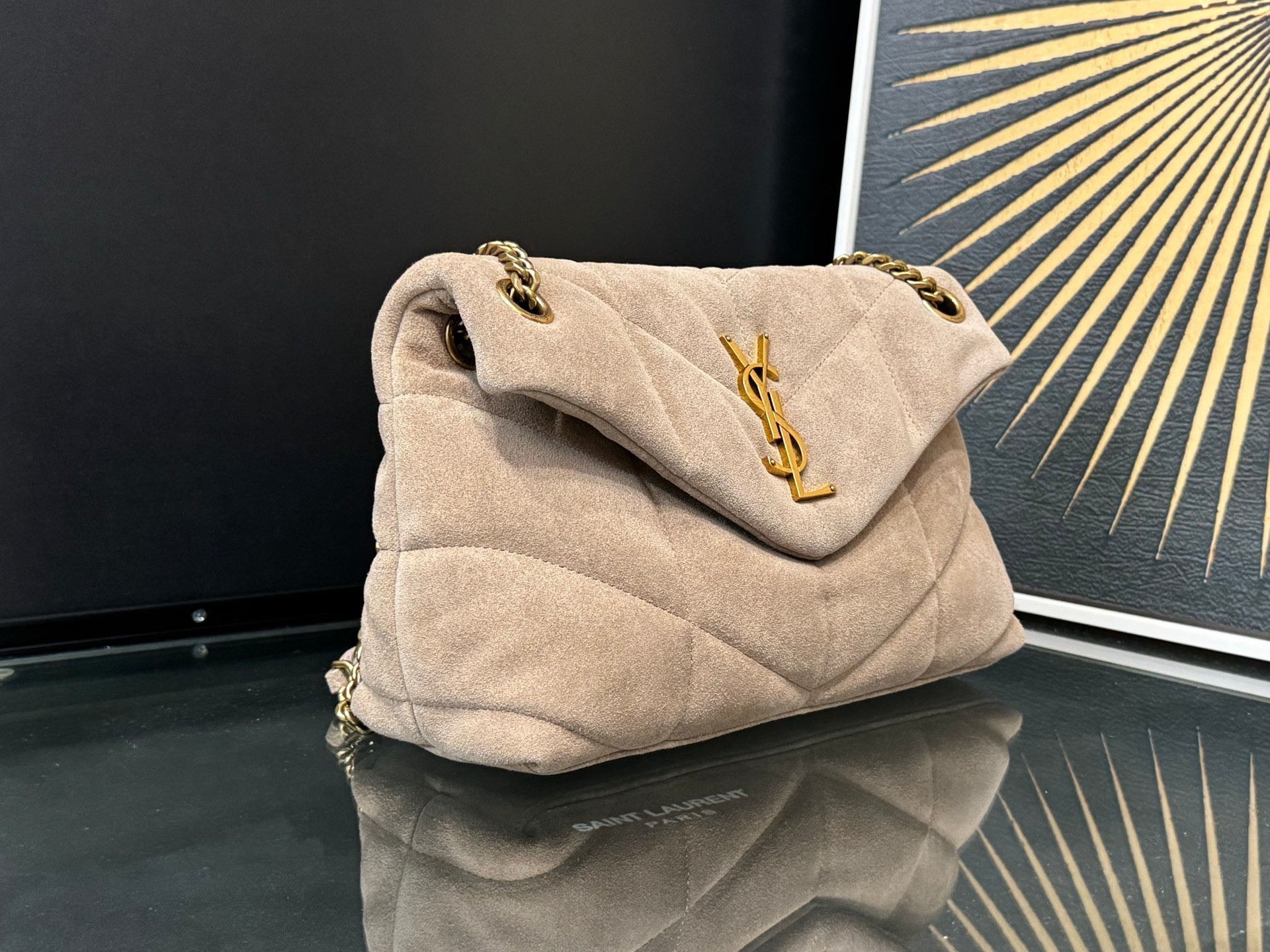 LOULOU PUFFER SMALL 29 LIGHT TAUPE SUEDE GHW