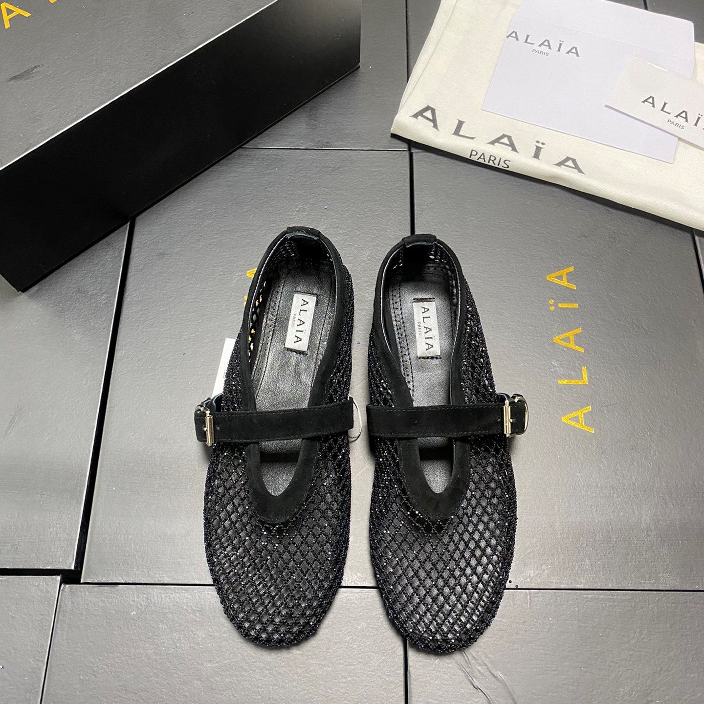 Alaila Ballet Flats CrystalOn Fishnet Black Lambskin