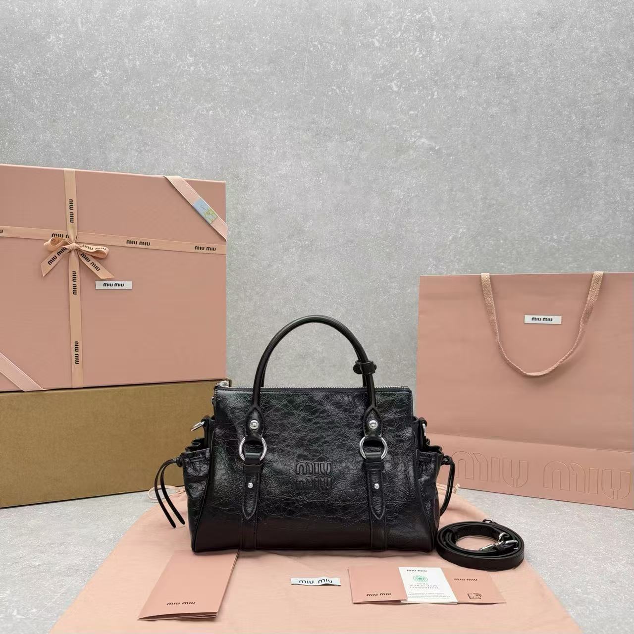 Miu Retro Rope Motorcycle Bag Black Leather