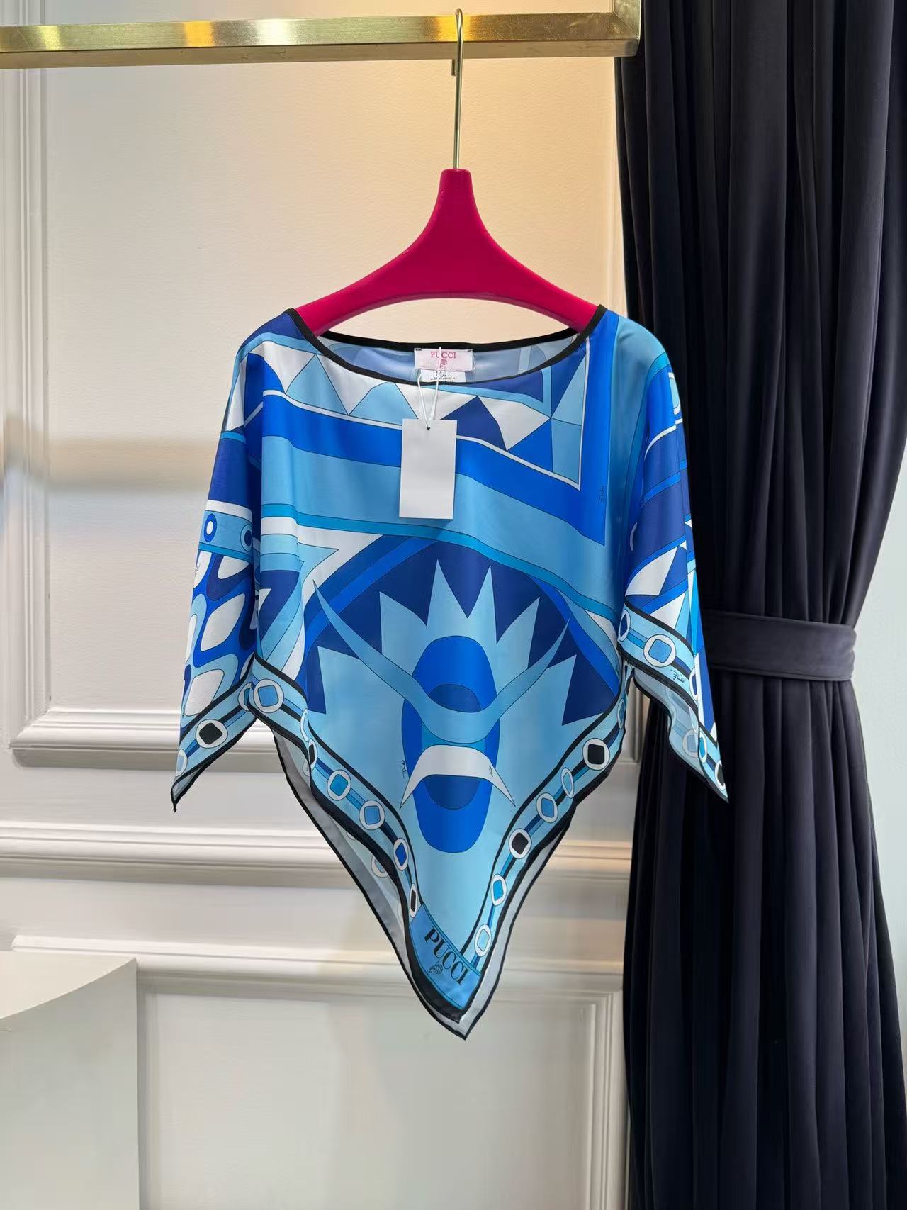 Pucci Vivara Print Cape Blouse Blue Silk