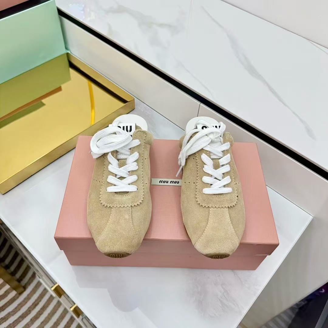 Miu 26s Plume Mules Beige Suede