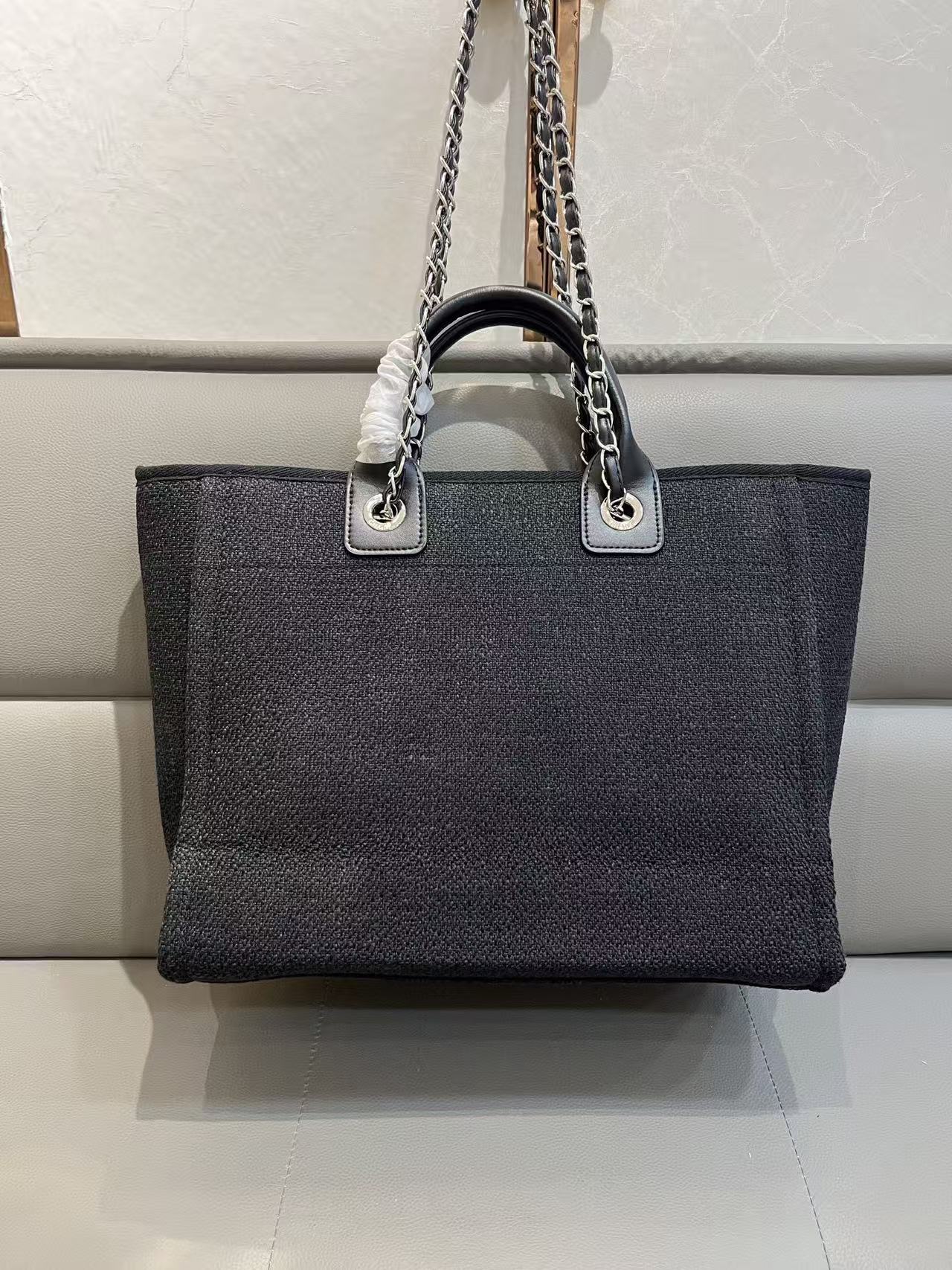 CC Deauville Tote Bag White Lettering Chain Strap 38cm Black Denim