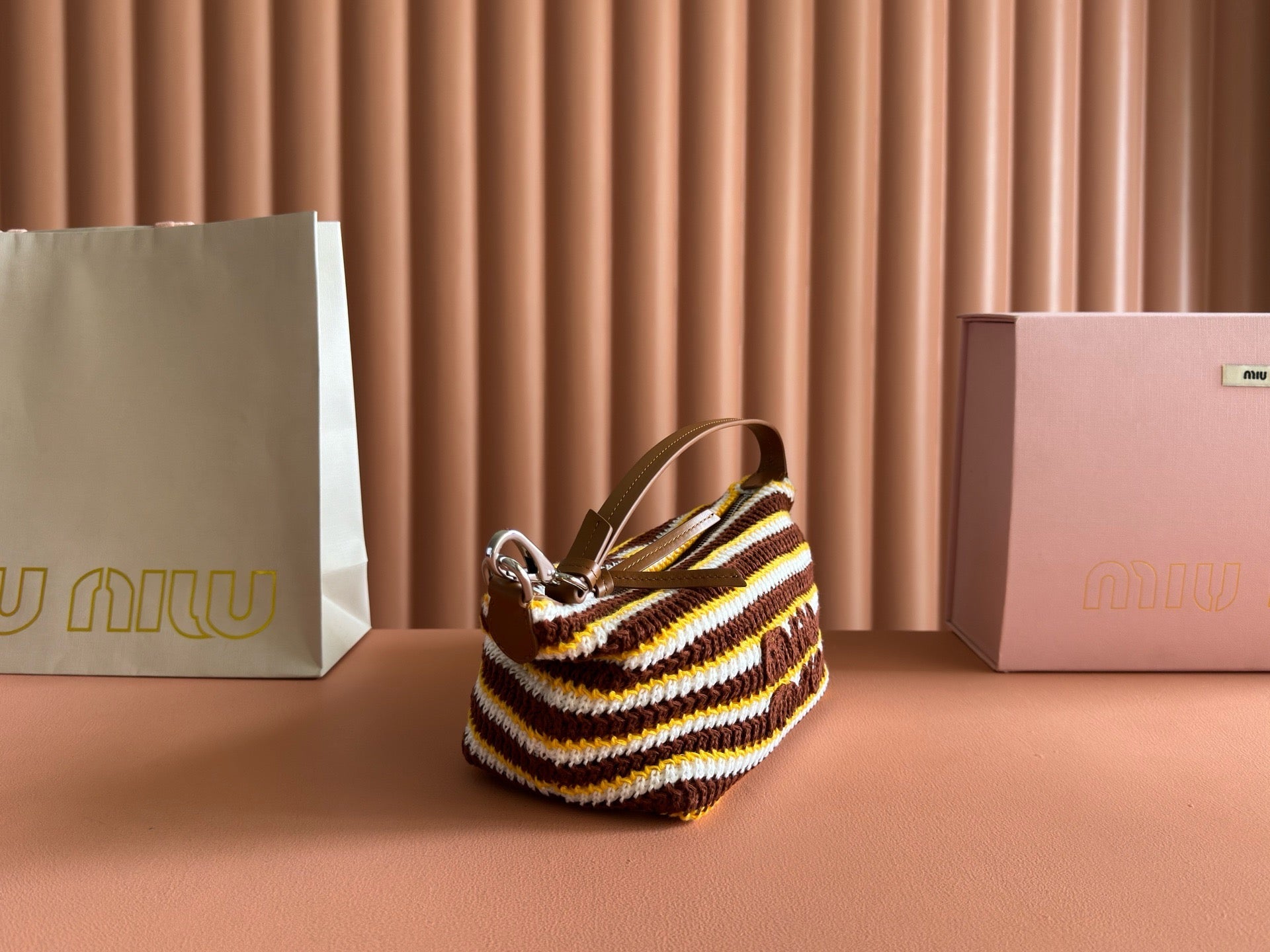 Miu Crochet Pouch Cognac/Yellow Cotton