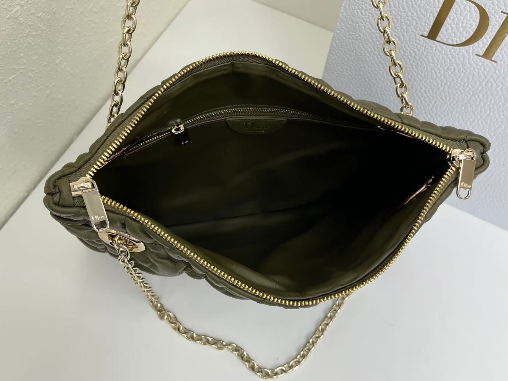 CD Small Cannage Quilted Tote Bag Olive Green Cowhide 158911