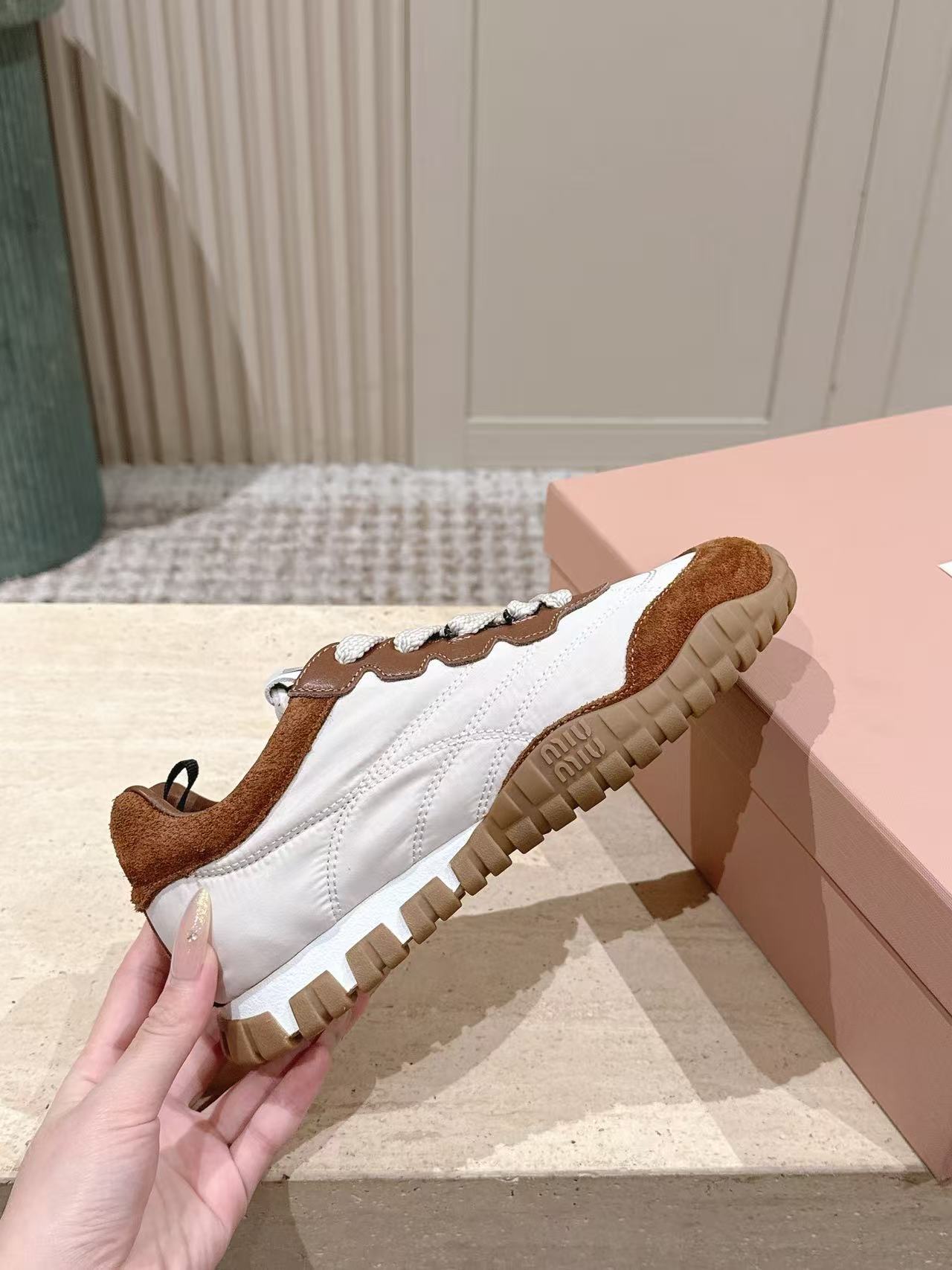 Miu Miu Tyre Sneakers White Brown Technical Fabric Suede
