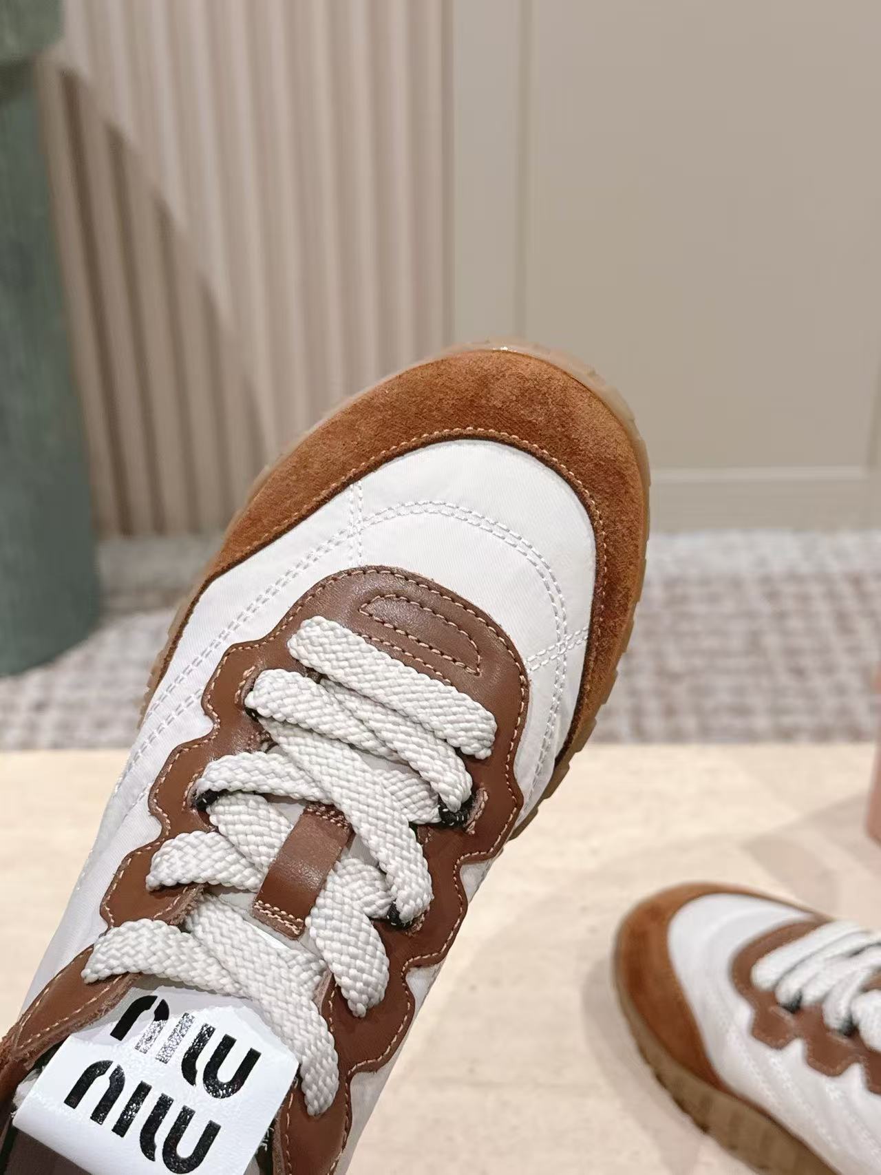 Miu Miu Tyre Sneakers White Brown Technical Fabric Suede