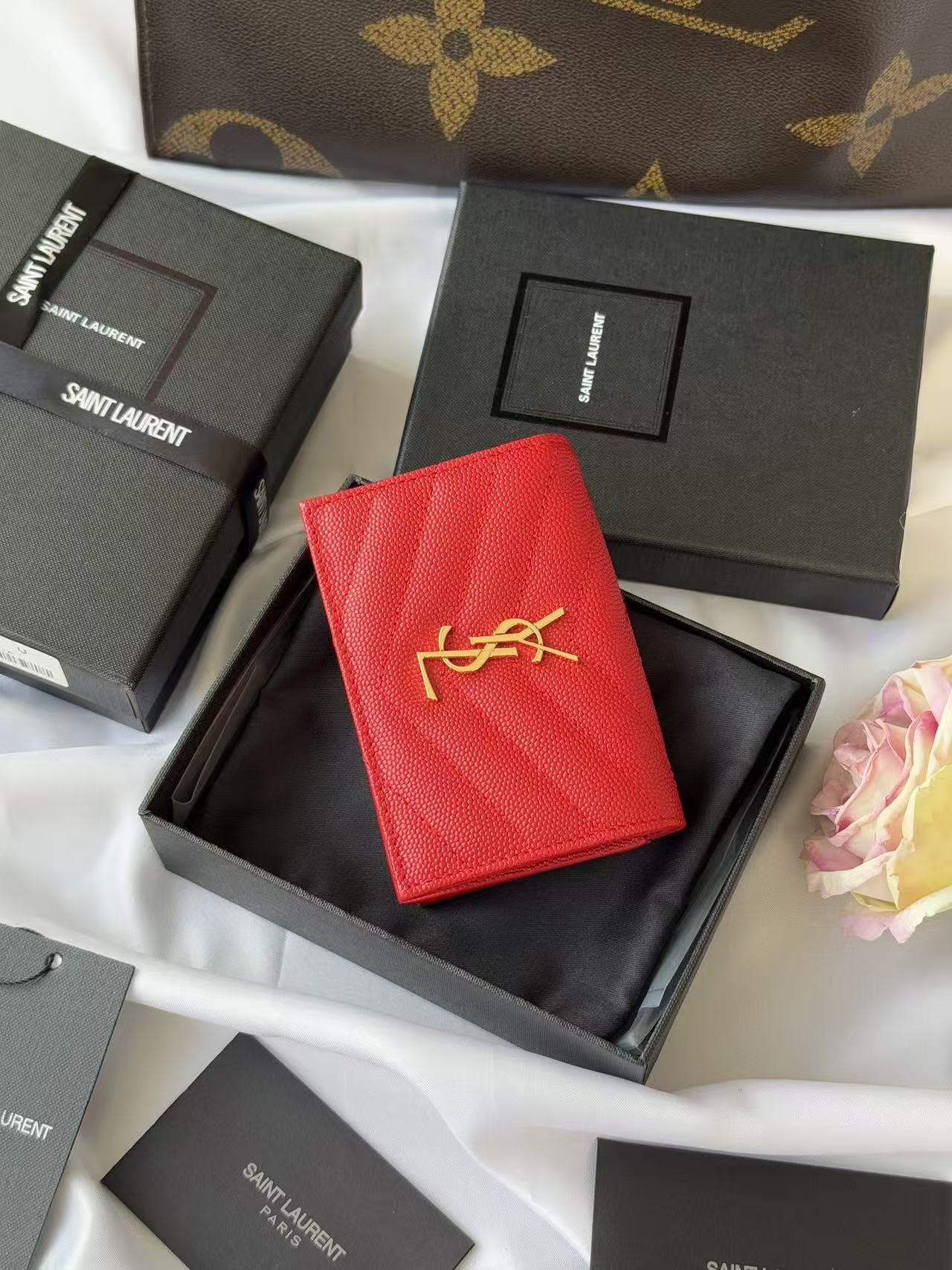 YSL Compact Wallet Red Leather