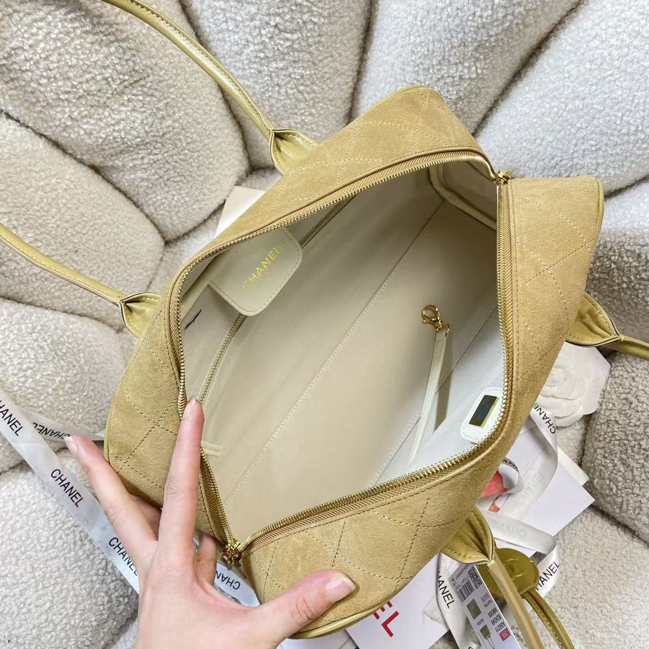 CC Large Bowling Bag 35.5cm Dark Beige Calfskin