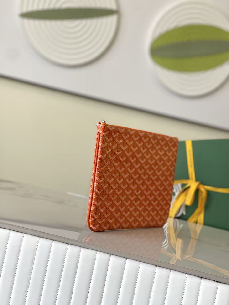 BV 26s Senat MM Clutch Orange Goyardine Pattern Canvas
