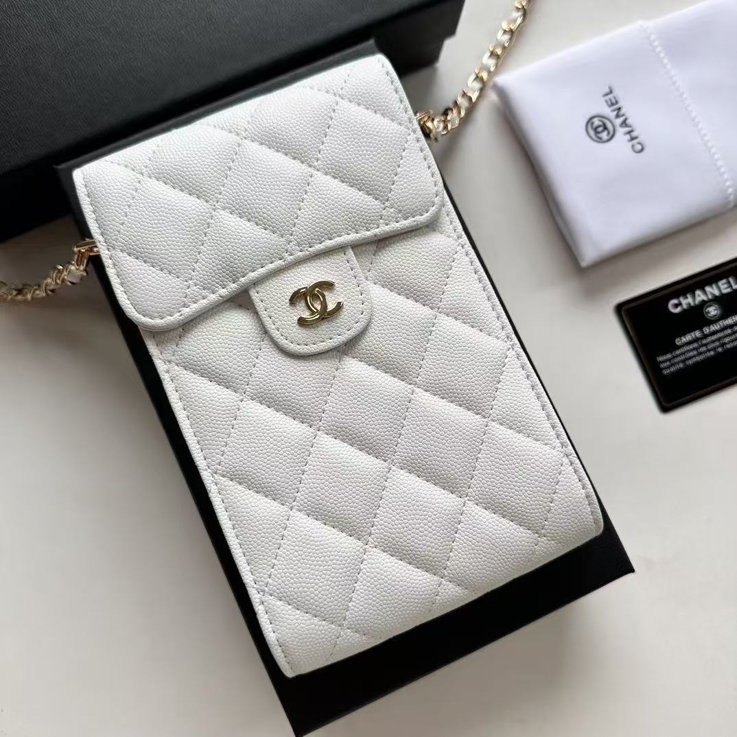 CC Bow Phone Holder With Chain White Caviar Leather