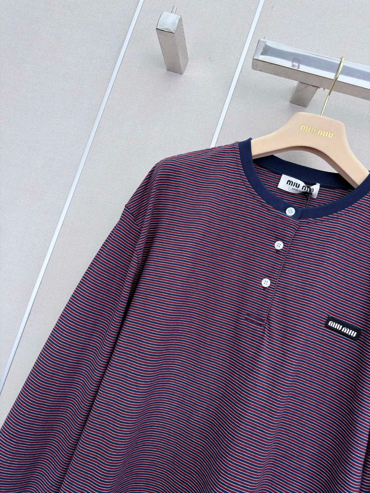 Miumiu Jersey Striped Shirt in Burgundy Cotton