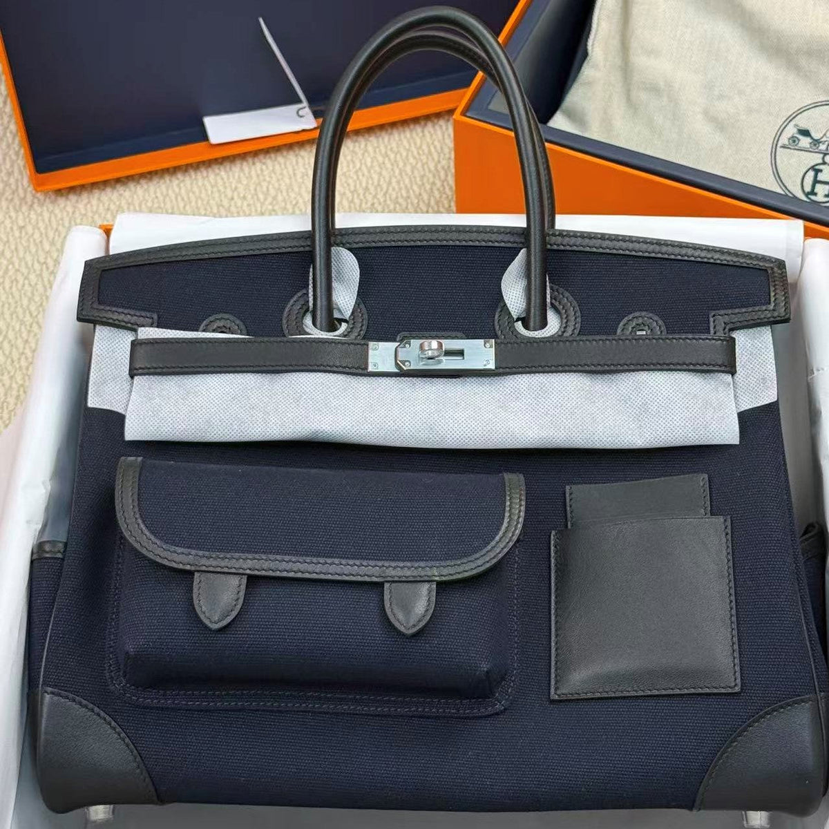 Hermes 26s Birkin Cargo 35 Bleu Marine Black Canvas