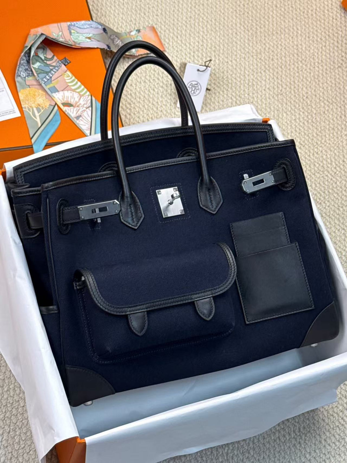 Hermes 26s Birkin Cargo 35 Bleu Marine Black Canvas