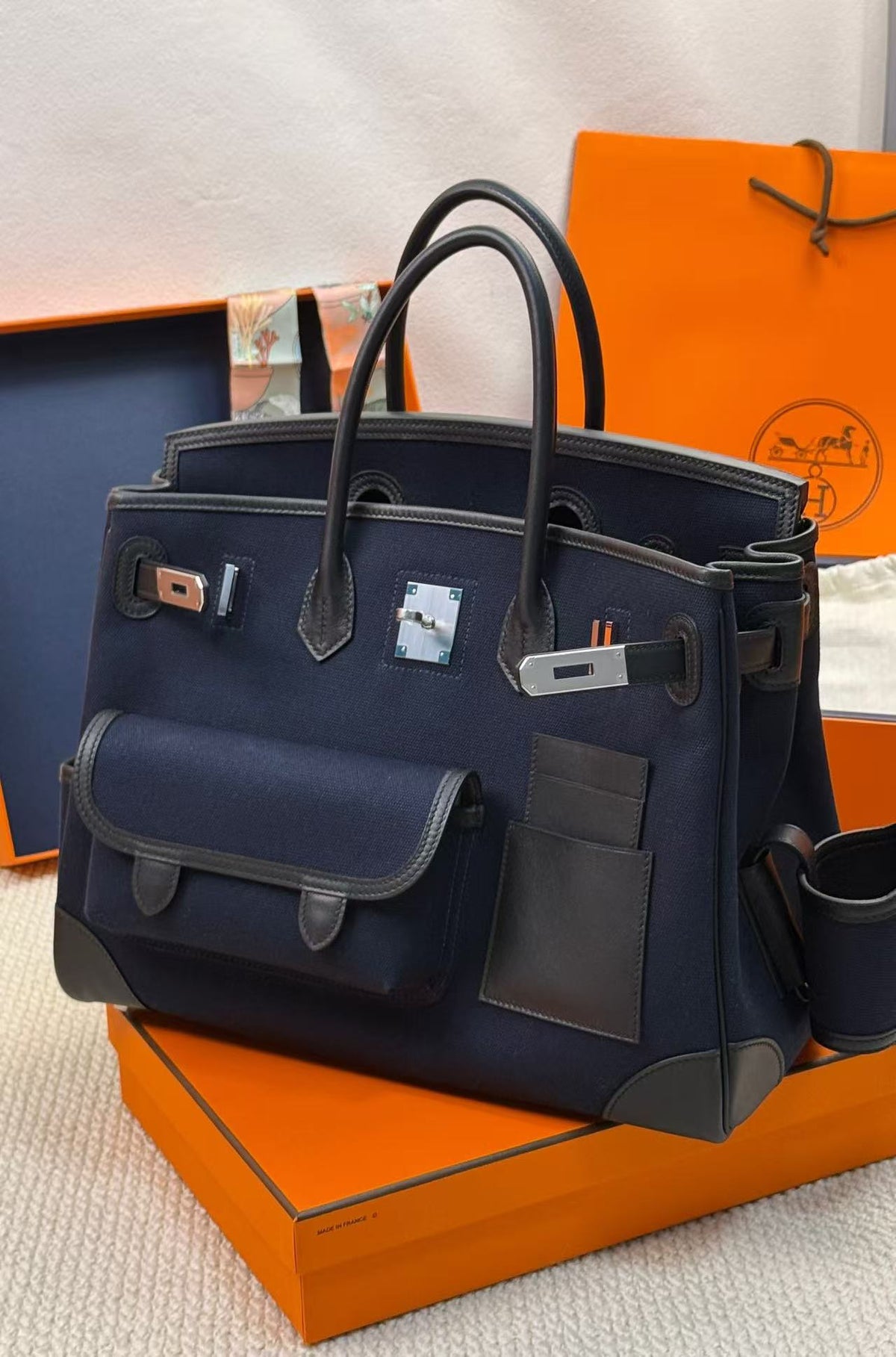 Hermes 26s Birkin Cargo 35 Bleu Marine Black Canvas