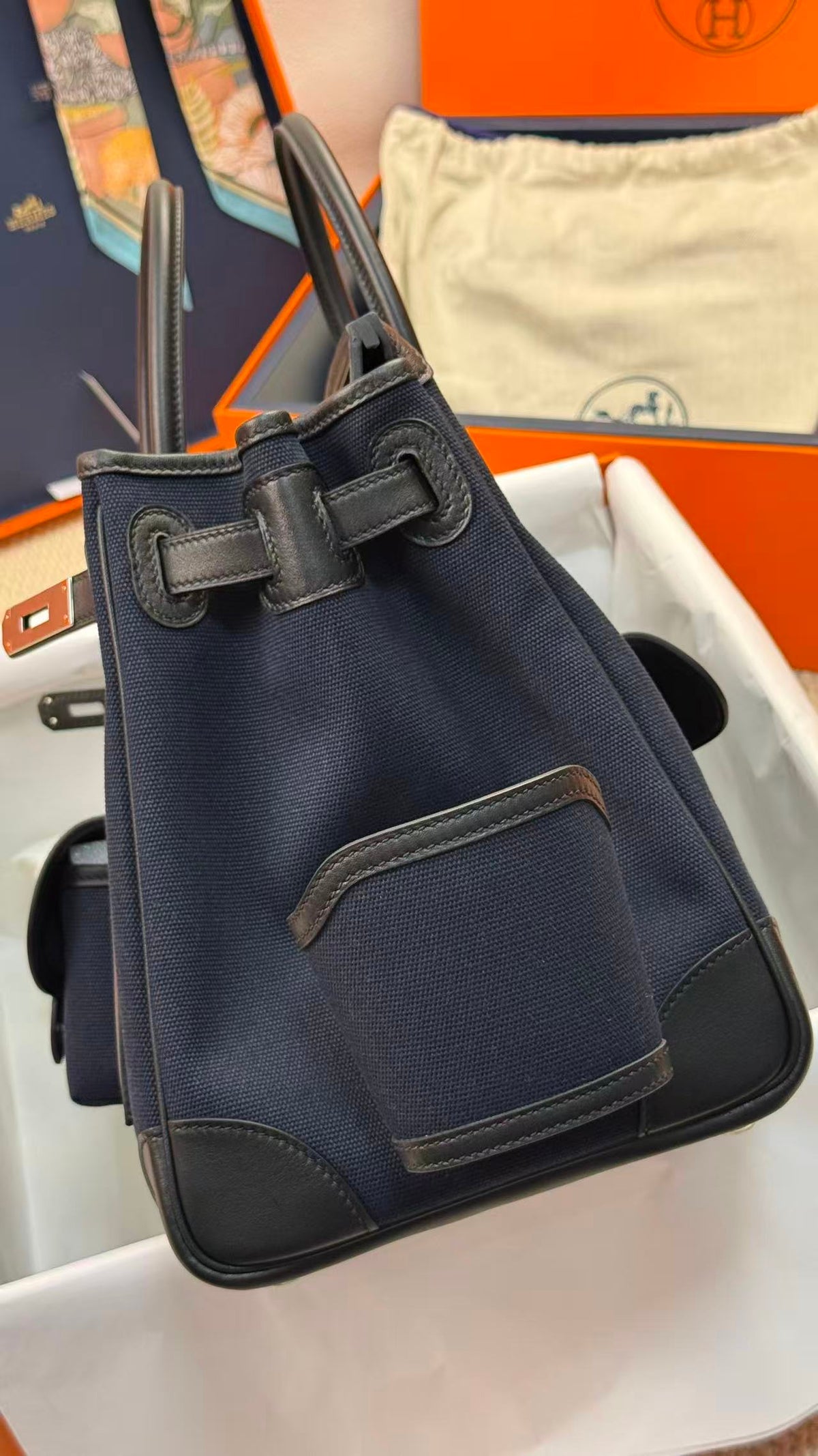 Hermes 26s Birkin Cargo 35 Bleu Marine Black Canvas