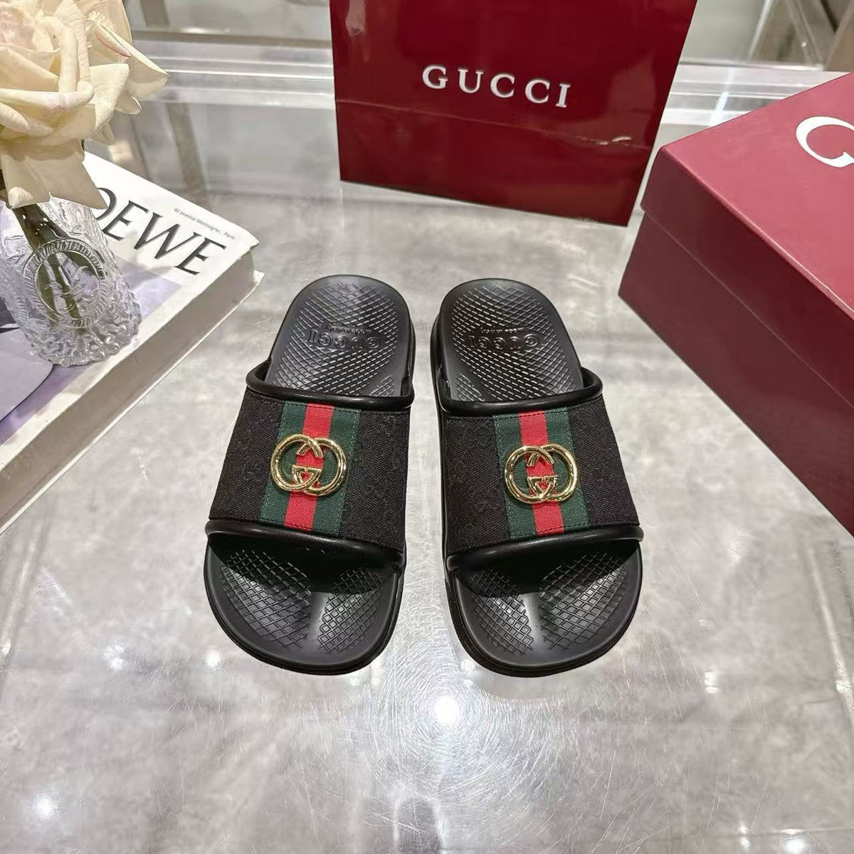 GG 26s Men Slides Interlocking G Slide Sandals Black Canvas Leather