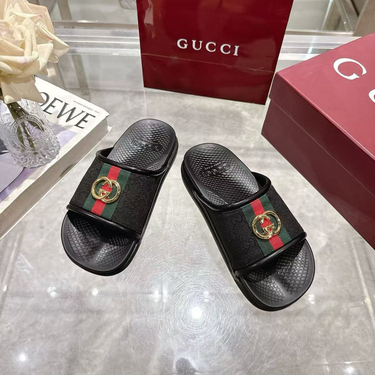GG 26s Men Slides Interlocking G Slide Sandals Black Canvas Leather