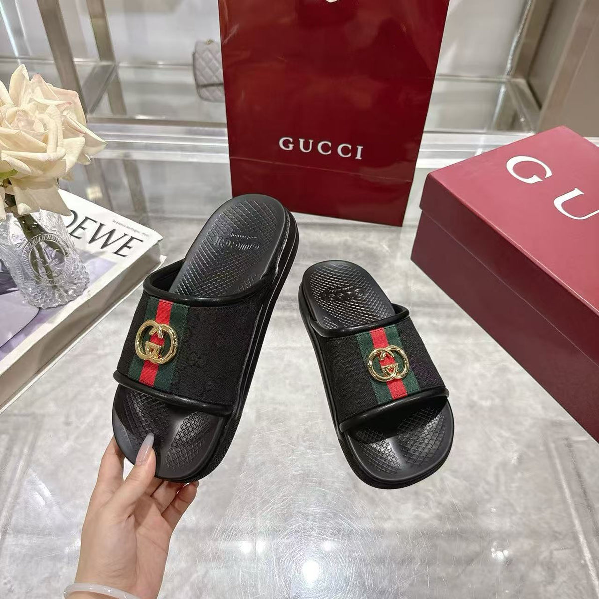 GG 26s Men Slides Interlocking G Slide Sandals Black Canvas Leather