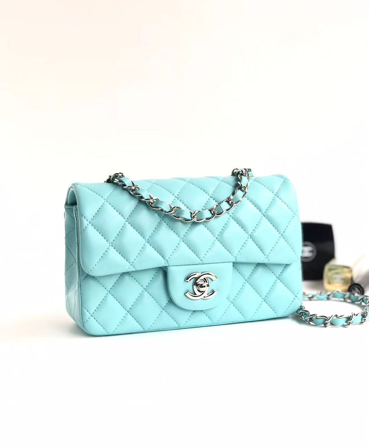 CC 26s Classic Flap Bag 20cm Light Tiffany Blue Silver Lambskin