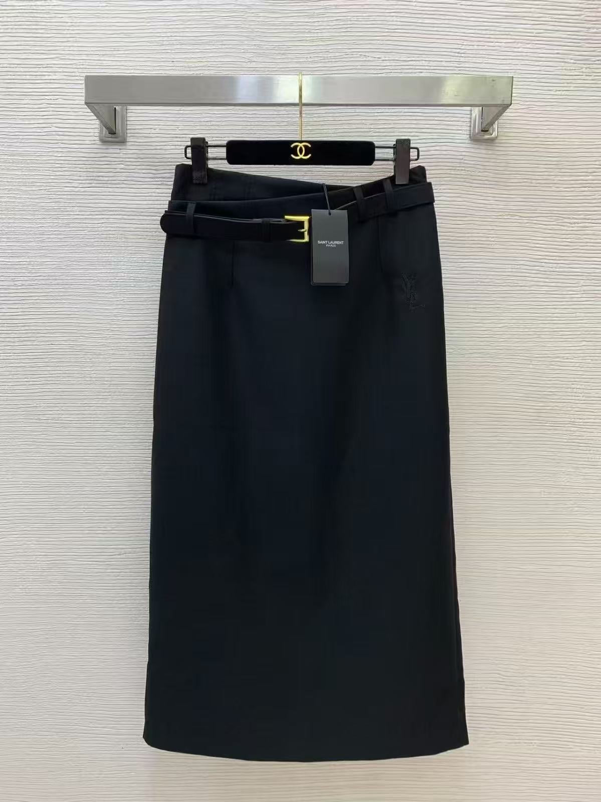 YSL 26s Belted Midi Skirt Black Cotton 50672