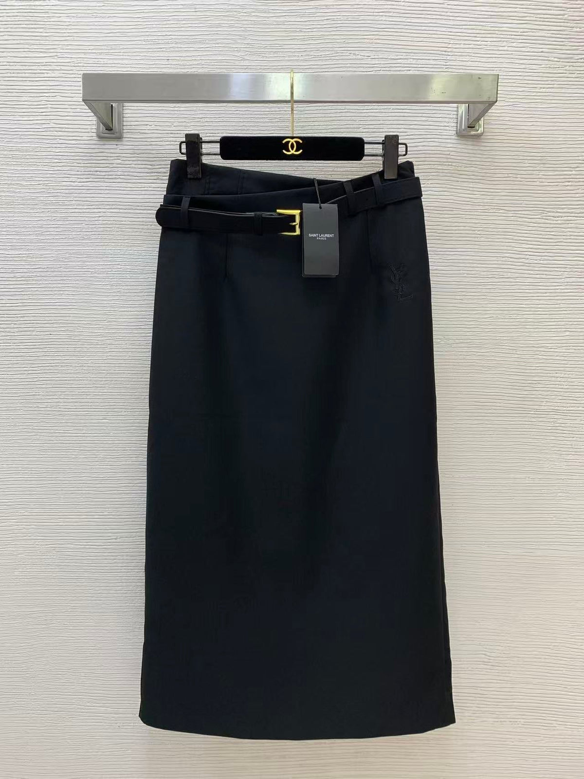 YSL 26s Belted Midi Skirt Black Cotton 50672