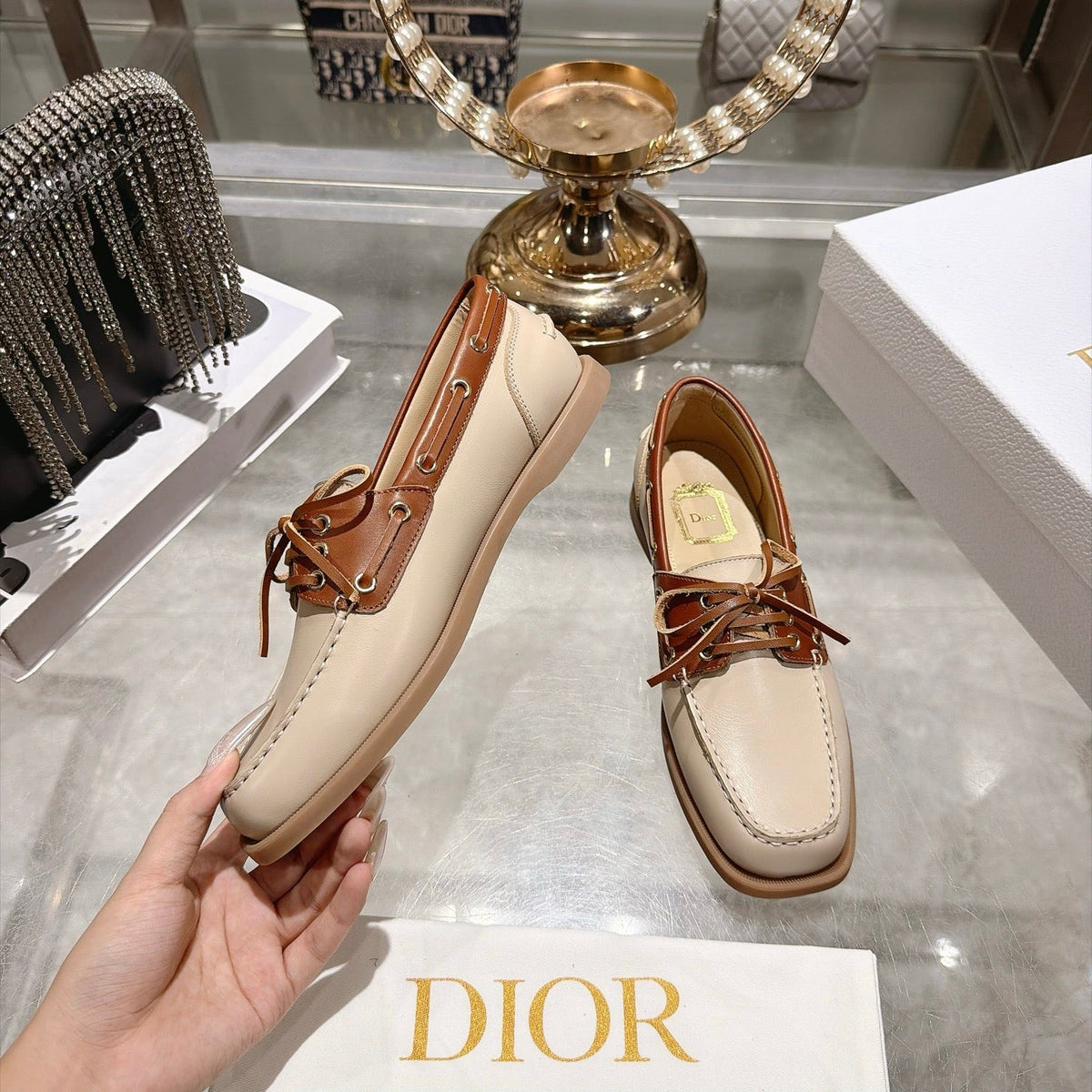 CD 26s Rive Boat Loafers 3.5cm Beige Tan Leather 996781