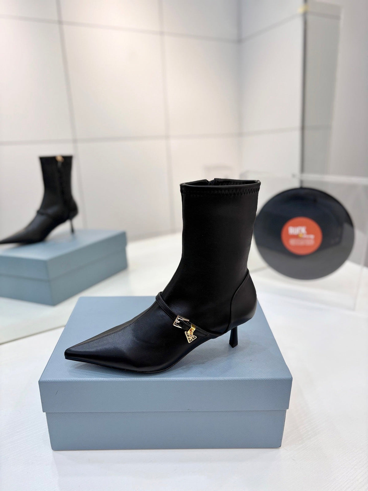 Prada 26s Ankle Boots 5.5cm Black Stretch Nappa Enameled Triangle Logo Leather
