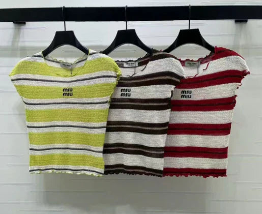 Miumiu 2026 Color-blocked Striped Knit Short-sleeved Top Cotton 380669