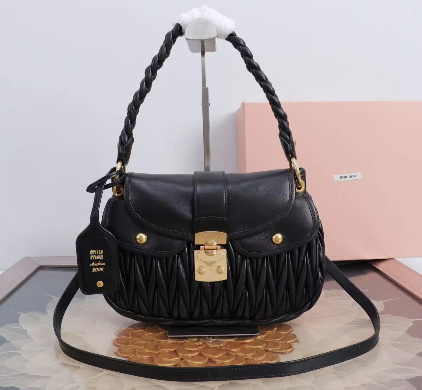 Miu Coffer Bag Black Matelassé Leather