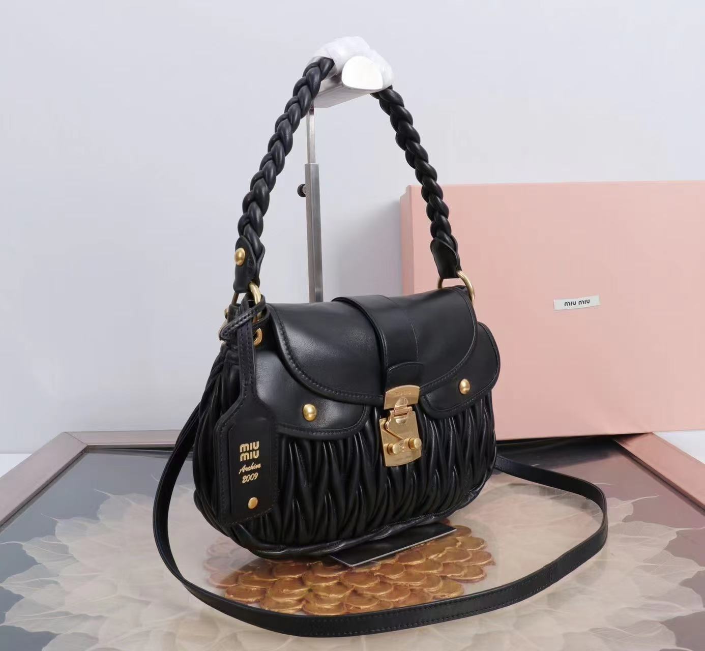Miu Coffer Bag Black Matelassé Leather