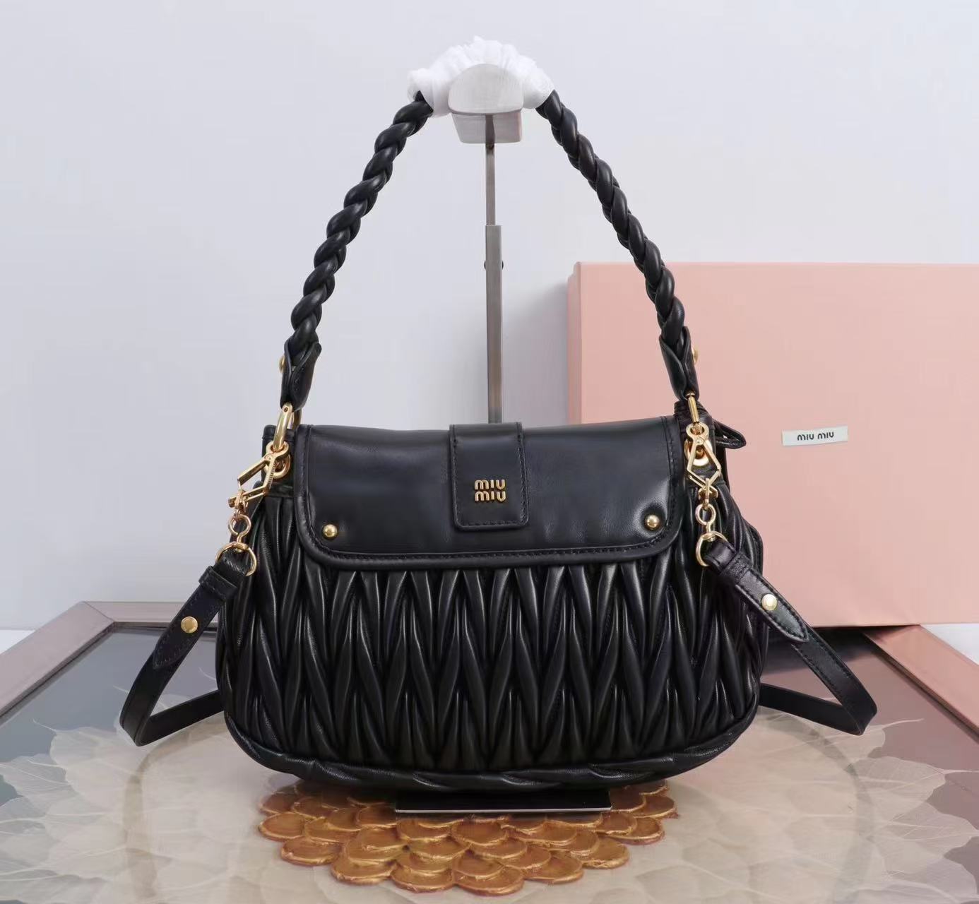 Miu Coffer Bag Black Matelassé Leather