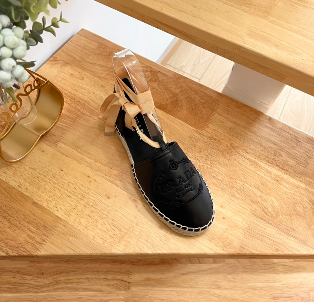 Prada 26s Lace Up Espadrille Flats Black Calfskin