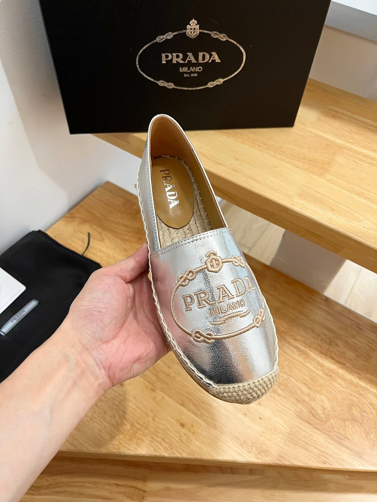 Prada 26s Embroidered Logo Espadrille Flats Silver Calfskin