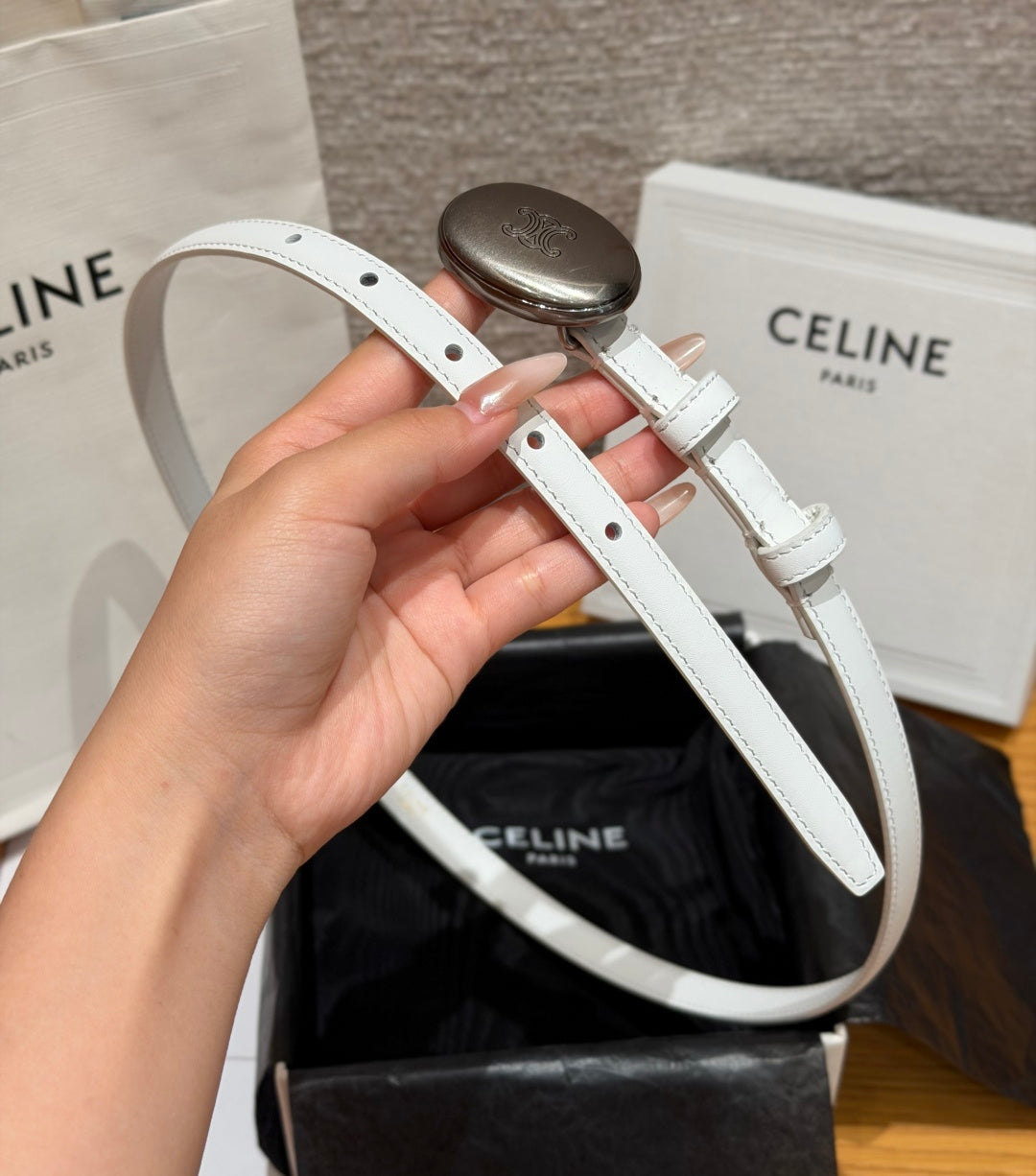 Celine 2026 Triomphe Dark Silver Buckle Belt 13mm Leather
