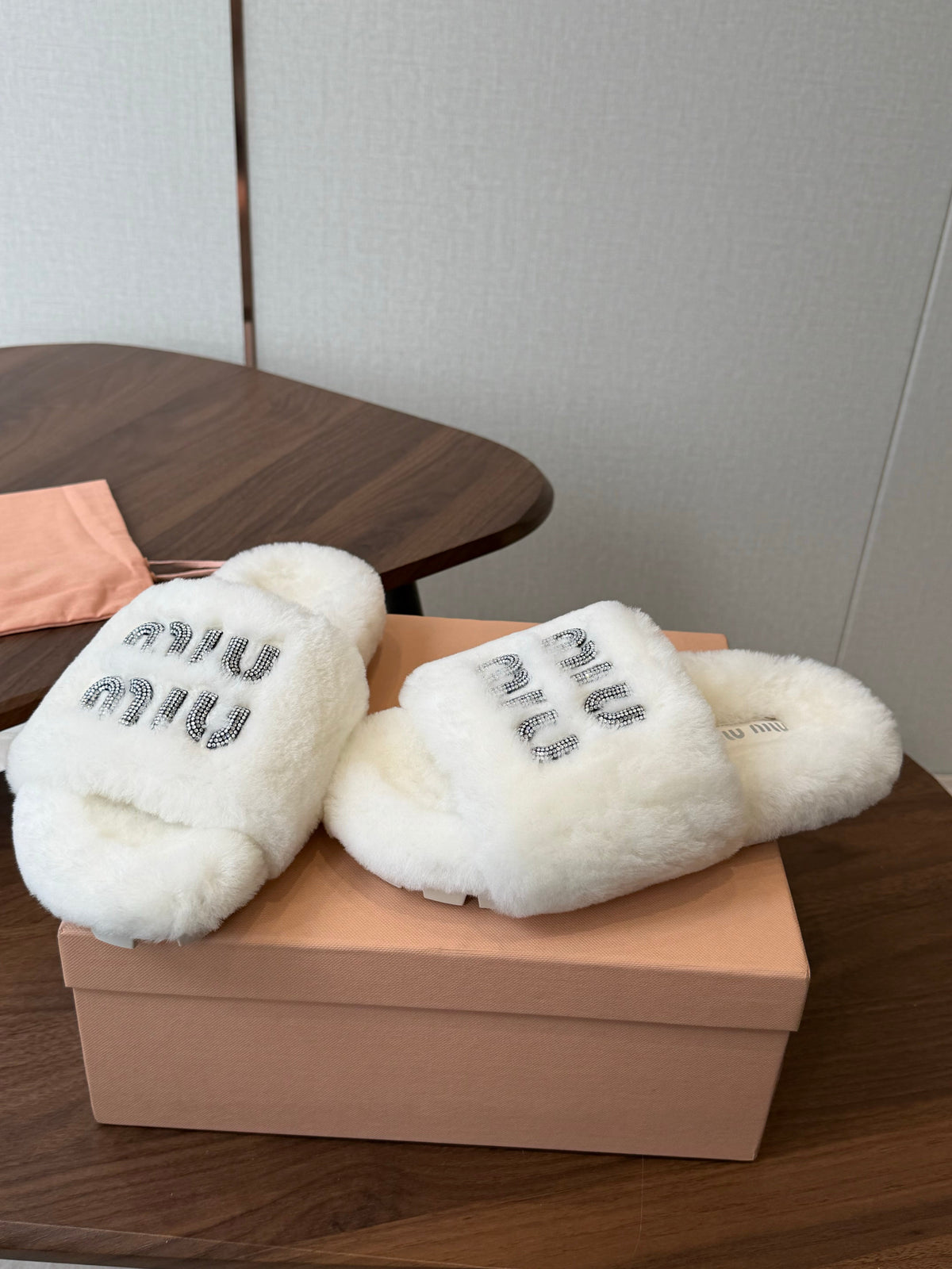 Miumiu 26s Crystal Logo Slides White Shearling