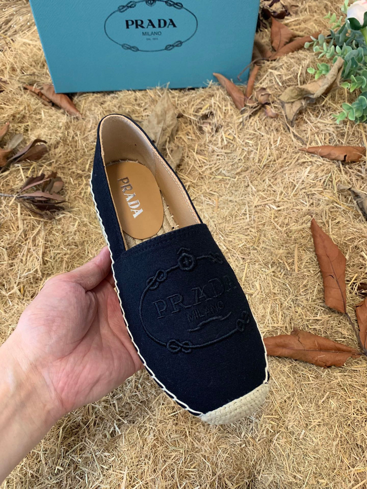 Prada 26s Espadrille Flats Black Canvas Embroidered Logo