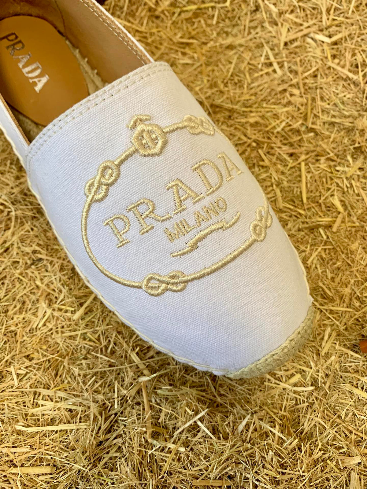 Prada 26s Espadrille Flats White Canvas Embroidered Logo