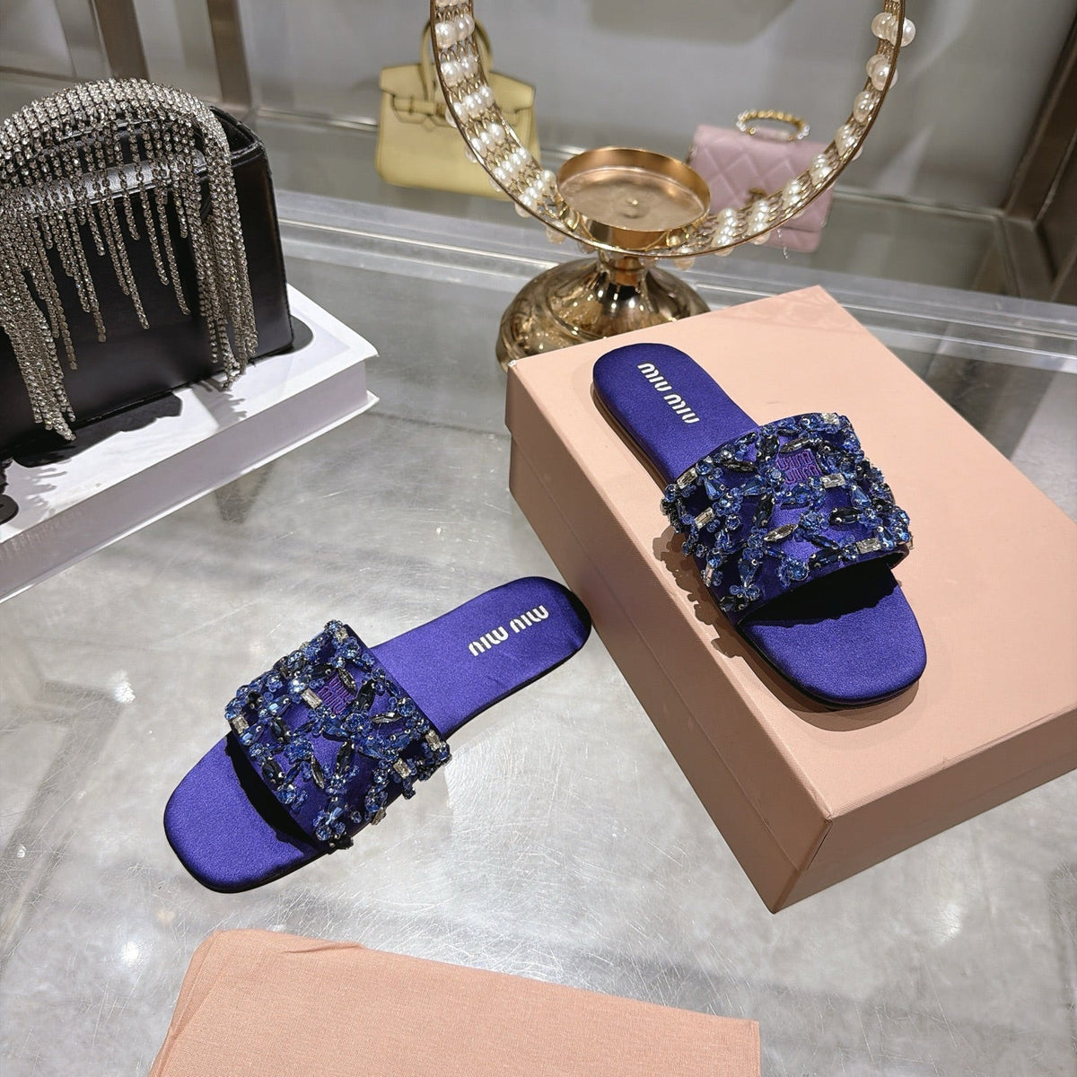 Miumiu 26s Sandals Purple Embellished Silk